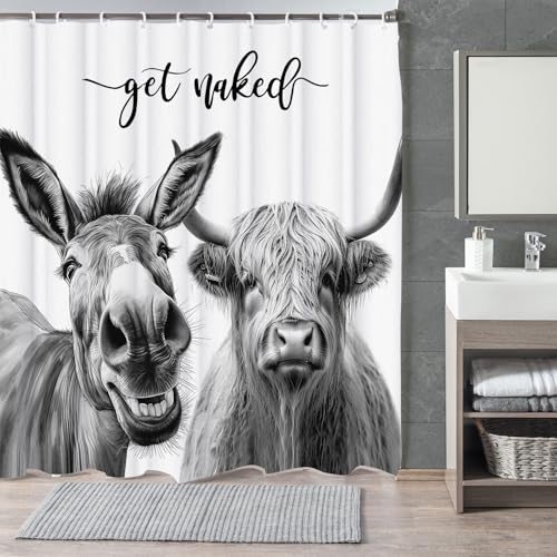 Image of Funny Farmhouse Shower Curtain,Grey Donkey with Cow Get Naked Waterproof Shower Curtain with Hooks, Farm Animal Fabric Shower Curtains for Bathroom Decor 72X72inches