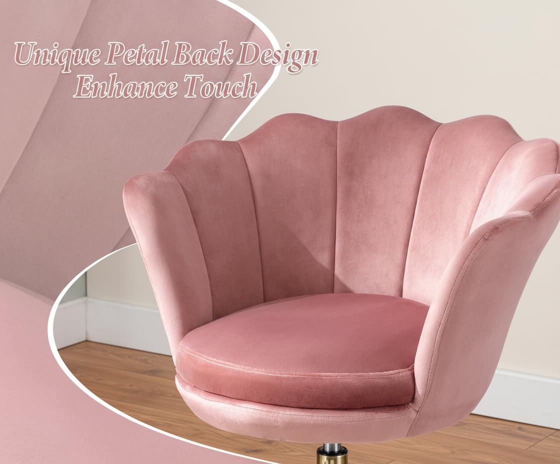 chairus Homeoffice Stuhl, Drehstuhl aus Samt Schreibtischstuhl höhenverstellbar Bürostuhl mit Blütenblatt-Rückenlehne, Vergoldeter Sockel Sessel für Schlafzimmer/Schminktisch,Rosa