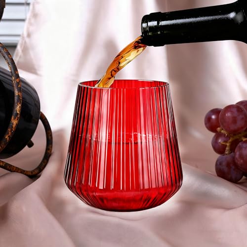 Image of Lueumxc 40 Pack Plastic Ribbed Wine Glasses, 14Oz Origami Disposable Wine Glasses Unbreakable Clear Plastic Cocktail Glasses Recyclable Shatterproof Reusable Wine Cups (14oz-red-40pack)