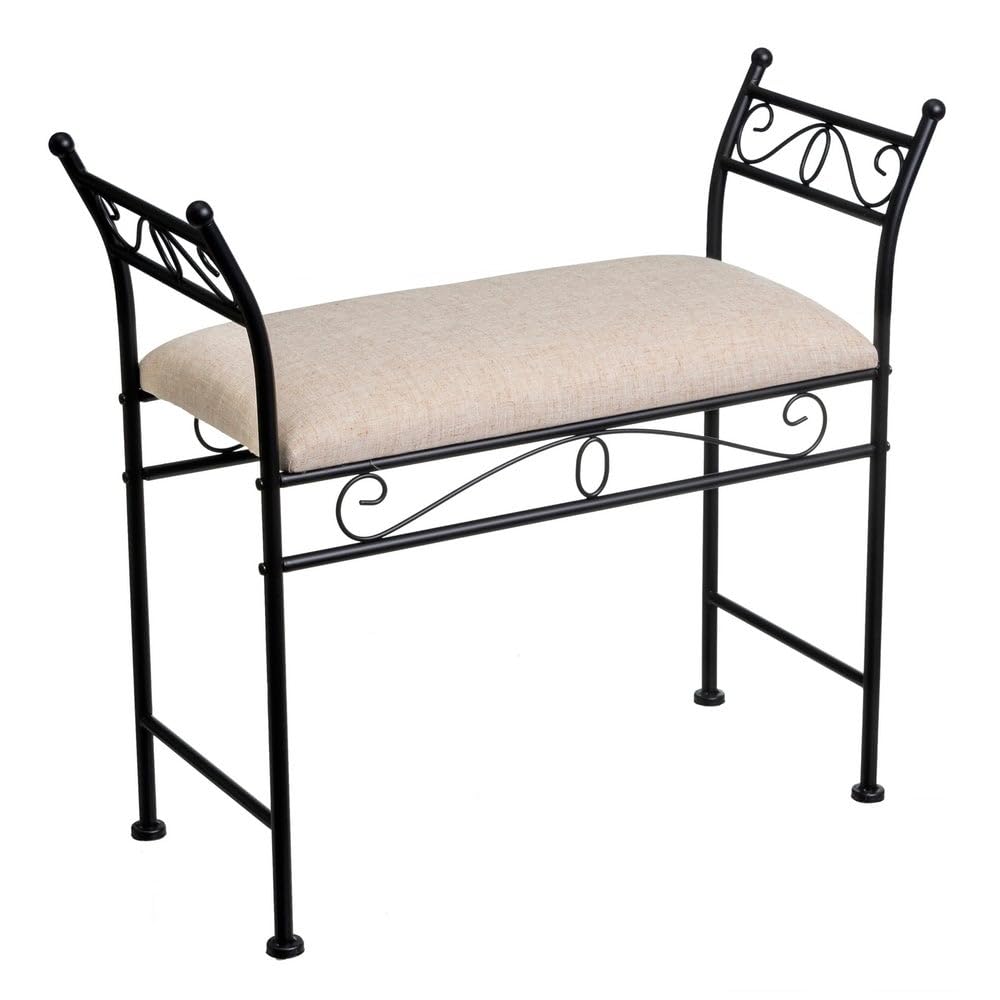 LOLAhome Banqueta Dormitorio Classic de Metal Negro y Tela de Lino de 74 cm
