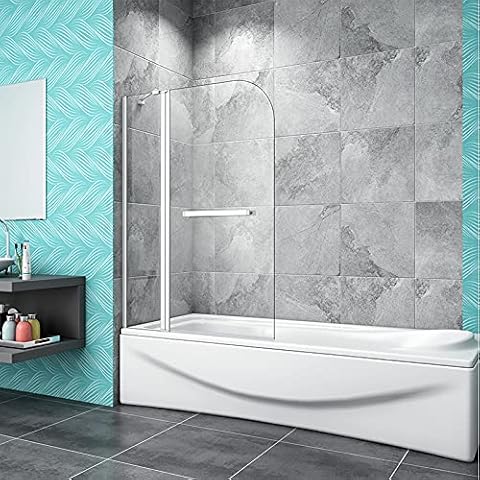 Over Bath Pivot Shower Screen Double Panel 5mm Tempered Glass 1000x1400mm 180 Degree Door Panel with Support bar Towel Rail Handle Cover