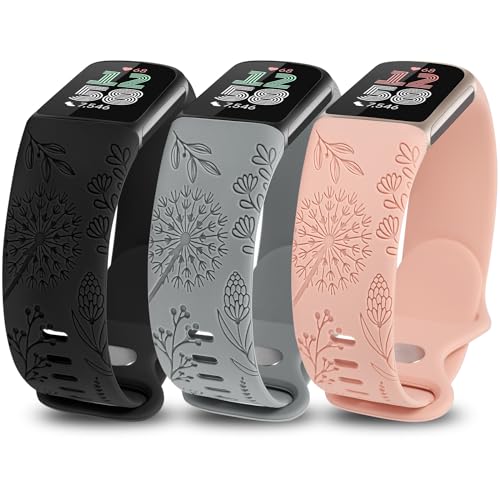 TOYOUTHS 3 Packs Floral Engraved Compatible with Fitbit Charge 5/Charge 6 Strap for Women Soft Waterproof Silicone Sport Band with Cute Dandelion Flower Pattern