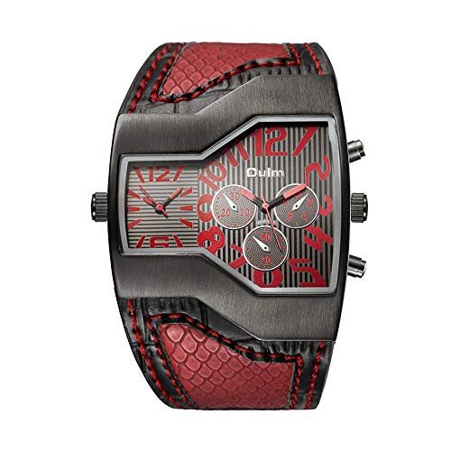 Oulm Men 's Military Oversize�}���`Timezones 2 Dials Leather�A�i���O�X�|�[�c�r���vhp1220b���b�hBand���b�hFace
