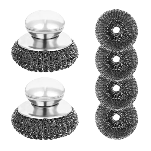 Image of 6Pcs Steel Wool Scrubber, Stainless Steel Scrubber with Handle for Cleaning Kitchen and Household Stubborn Messes from Stoves Pans Pots Grill Sink with Replacement Wire Brush Set (2 Pcs+4 Replacement)