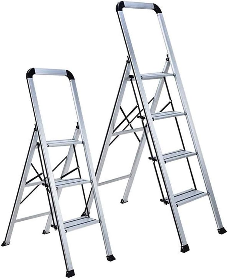 Step Stool Non-Slip Aluminum Alloy Ladder, Three-Step Step Stool Four-Step Indoor Stepladders Portable Dual-Purpose Ladder Folding Household Ladder/Silver/45X90X131Cm