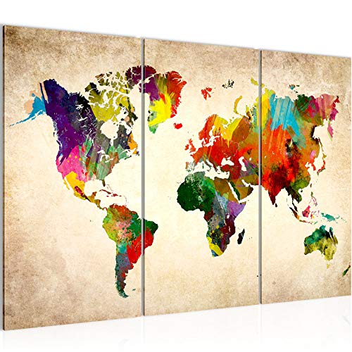 Runa Art Carte Du Monde Peinture Tableau Salon XXL Coloré Continents Carte 120 x 80 cm 3 Parties Decoration Murale 105131a