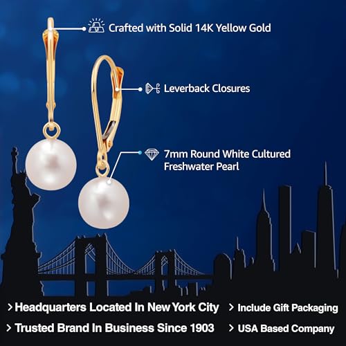 Gem Stone King 14K Yellow Gold Cultured Freshwater Pearl Earrings For Women | 7MM White Round Shape Dangling | Fine Jewelry Gifts for Her Mom Women Wife2