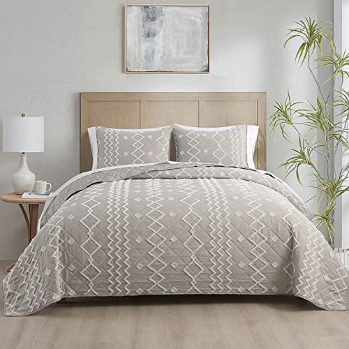 Horimote Home Tufted Quilt Set Queen Size, Beige Boho Bedding Set With Geometric Diamond Pattern, 3 Pieces Textured Bedspread&Coverlet For All Seasons #TOP18