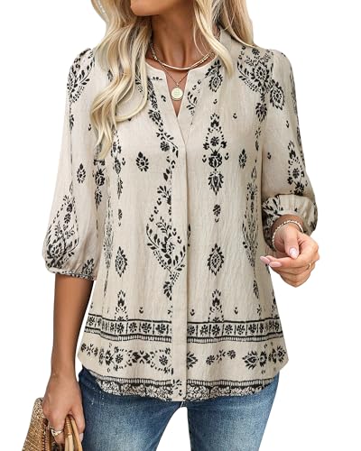 Gaharu Womens Summer Tops 3/4 Puff Sleeve V-Neck Dressy Casual Blouses Boho Floral Shirts