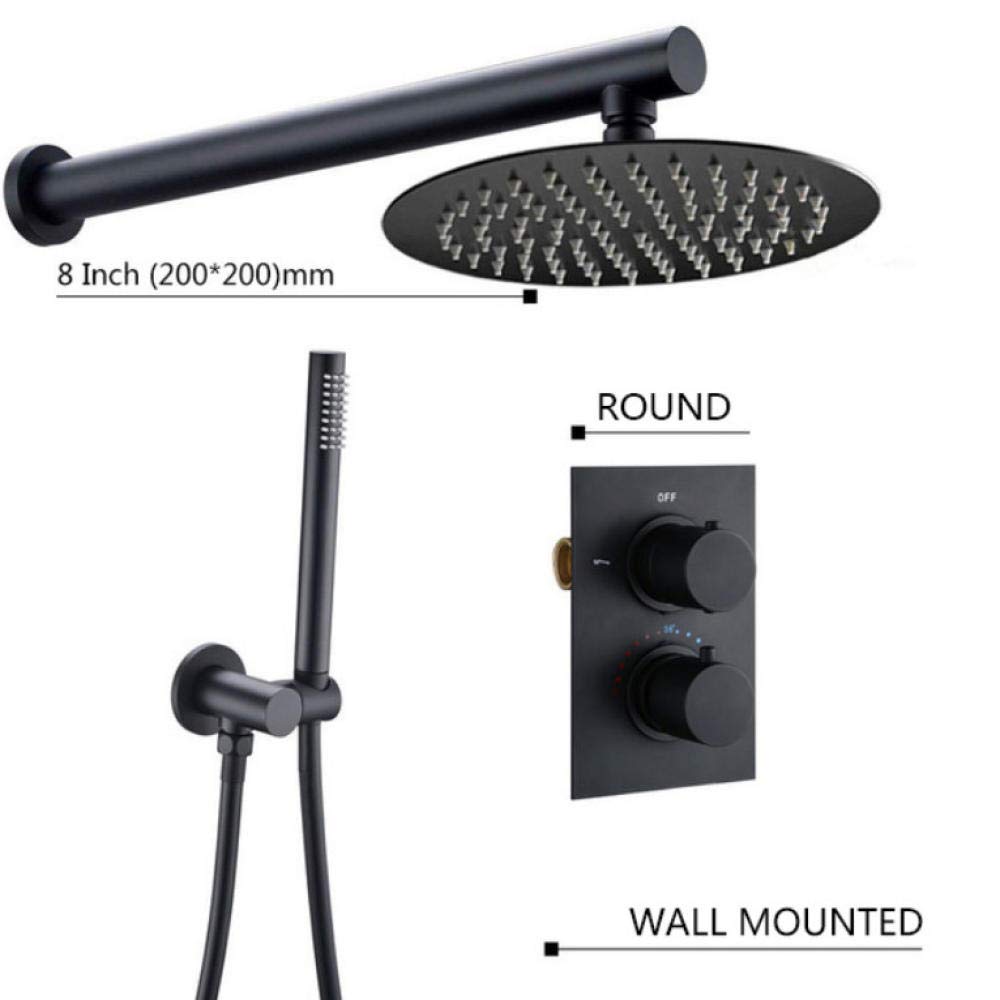 Huin Juego de ducha de baño Grifo de ducha de lluvia negro mate Sistema de válvula termostática montado en la pared o en el techo Cabezal de ducha de 8 pulgadas