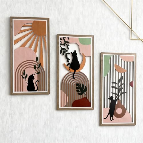 Boho Black Cat Wall Art for Living Room - 3Pcs