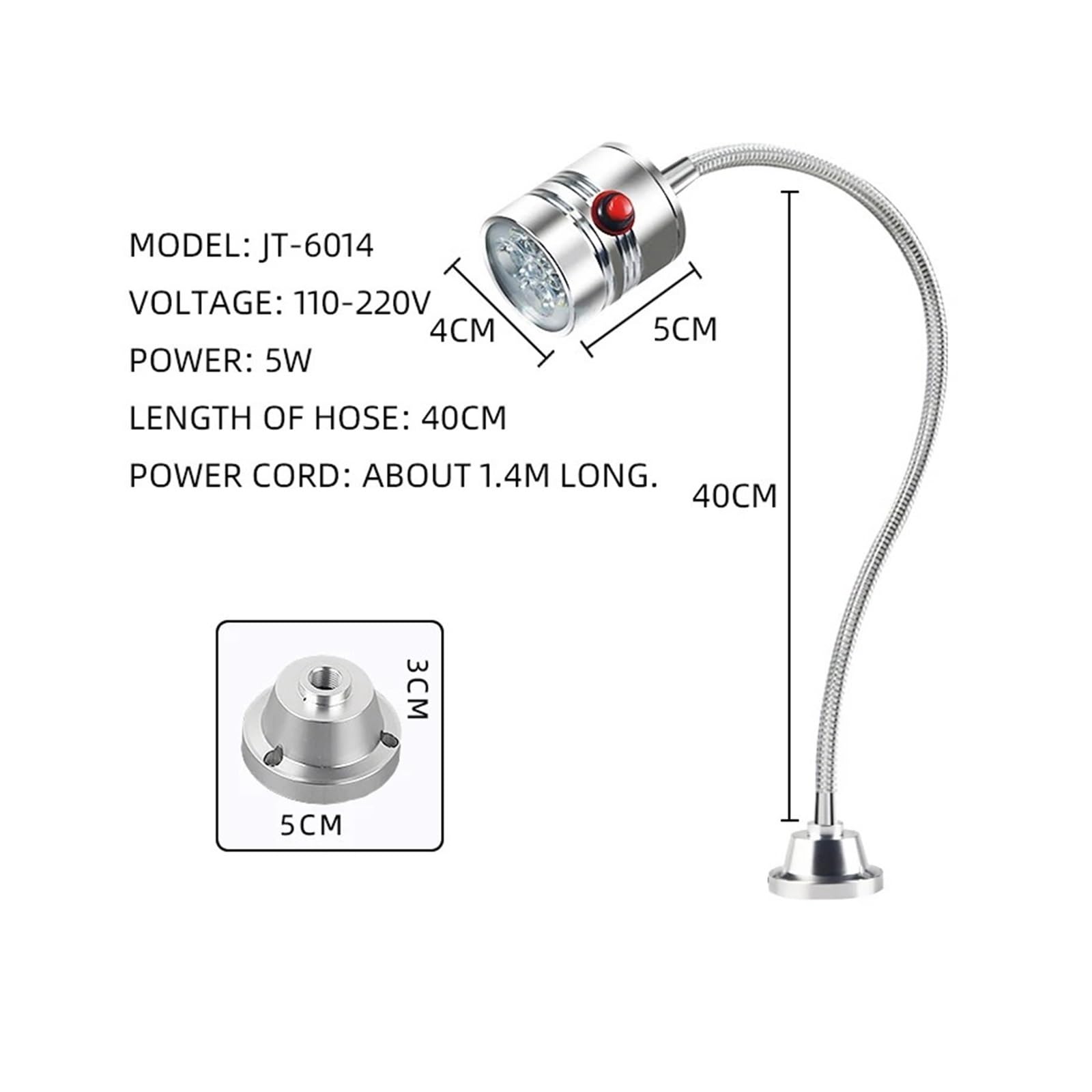 Oświetlenie robocze 110-220 V 5 W LED regulowane światło podstawy szyi (podstawa mocująca śrubę, 3 W)