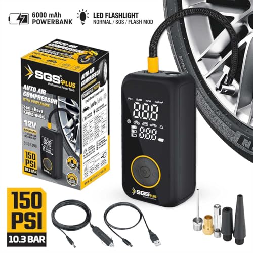 Plus Şarjlı Hava Kompresörü, Araba Motorsiklet Bisiklet için, Dijital Ekran, 12V 6.0 Ah Lithium-Ion Batarya, 6000 mAh Powerbank, LED Fener, 150 Psı