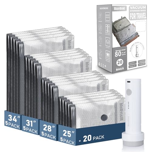 20 Pack Travel Vacuum Storage Bags with Rechargeable Electric Pump, Compression Packing Seal Bag for Luggage and Suitcase, 5 Small + 5 Medium + 5 Large + 5 Jumbo Space Saver Bags for Clothing Travel