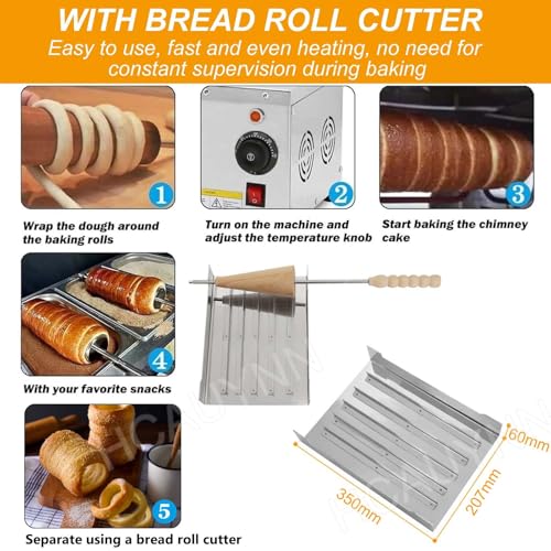 Chimney Cake Machine, 1600W Bread Roll Grill Maker with 2 Rollers and Cutter Set for Making Kurtos Kalacs - Image 4