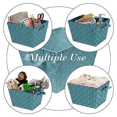 Image of Simplify Medium Woven Strap Tote | Decorative Storage Basket | 2 Handles | Organization | Closet | Bedroom | Bathroom | Nursery | Accessories | Toys | Gifts | 4 Pack | Sapphire