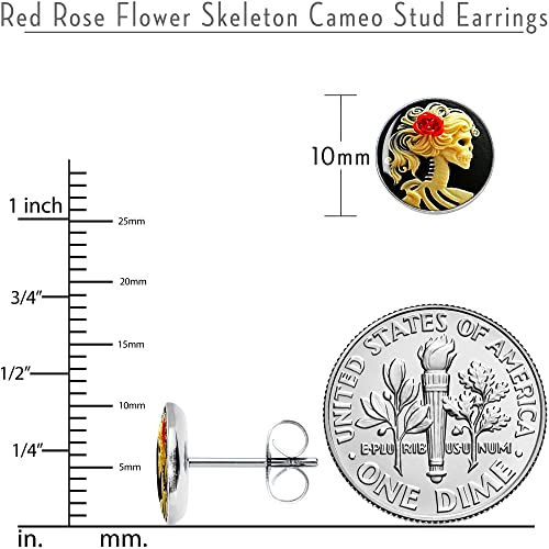 Body Candy Red Rose Skull Skeleton Stud Earrings - Stainless Steel Earrings for Halloween, Day of the Dead3