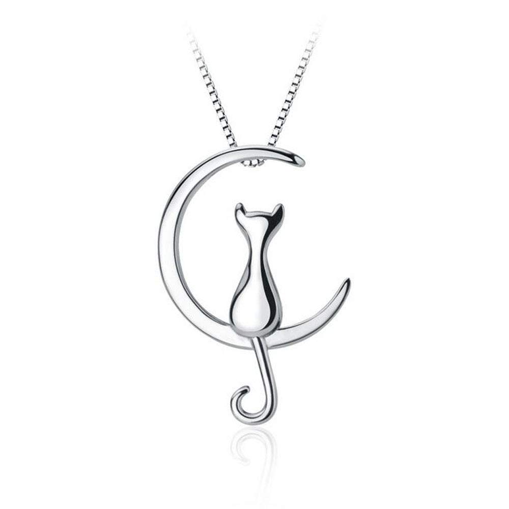 BelonsCollar de plata de ley 925 con colgante de luna de gato para mujeres y niños, cadena ajustable, Plata esterlina