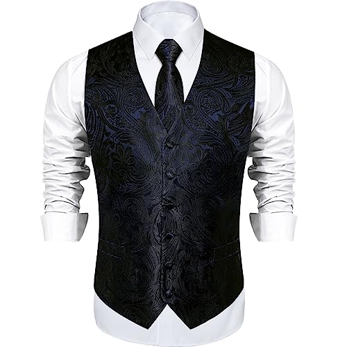 Image of DiBanGu Mens Paisley Vest Silk Sleeveless Suit Vest and Neck Tie Pocket Square Cufflinks Set for Wedding Formal