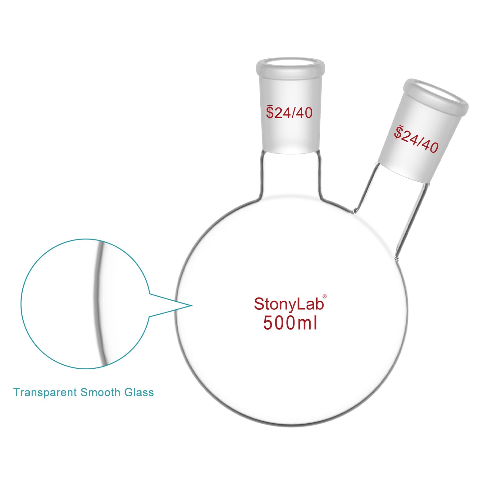stonylab 500ml 2 Neck Flask Rundkolben, Borosilikat Glas Dreihalskolben Rundkolben RBF mit 24/40 Standard Taper Outer Joint, 2 Neck Round Bottom Flask - 500ml