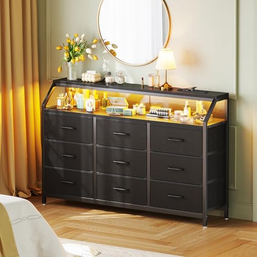 AODK タンス チェスト 衣裝ケース 収納ケース 衣装棚 洋服収納 led付き 引き出し9杯付き コンセント付き 脱衣所 衣類チェスト 洋服タンス 箪笥 たんす 木製天板付き 和風 リビング 安定感 大容量(ブラック, 幅137×奥行30×高さ95cm) [4]