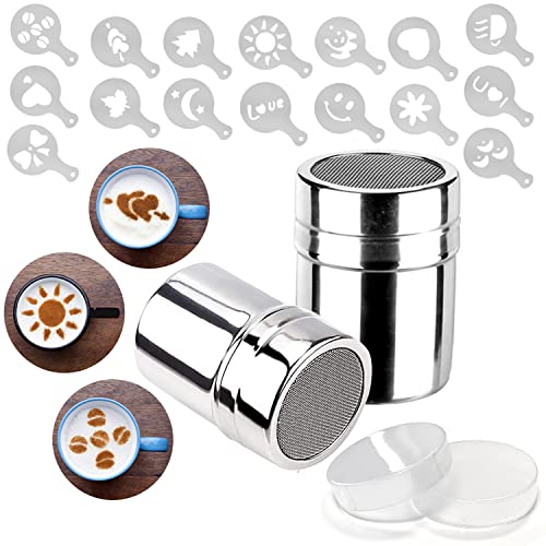 Mauts-inus 2 Pack Chocolate Shaker Powdered Sugar Shaker Duster 16 Coffee templates Set for Cream,Powdered Sugar,Cocoa,Cappuccino,for Kitchen,Drinks,Baking (18)