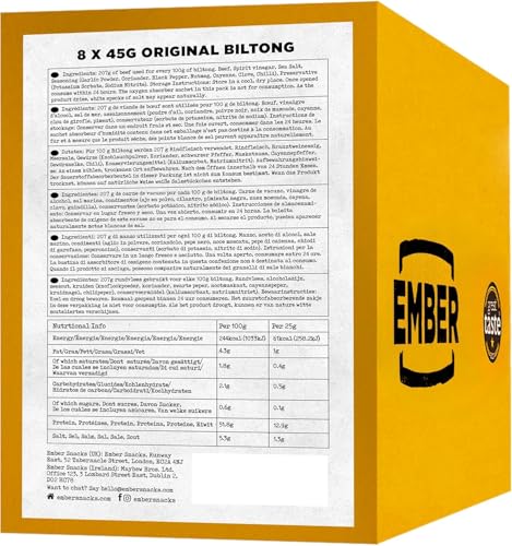 Ember Beef Biltong Original 360g - High Protein Meat Jerky Snack - Ready to Eat, Low Fat, No Added Sugar, Keto, No Artificial Colours or Flavours - Box of 8 x 45g Packs from a Family-Run UK Business