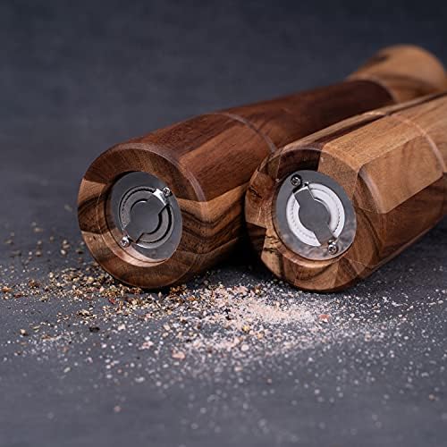 DeroTeno Salt and Pepper Mill Set, Adjustable Ceramic Grinder Salt Mill, Stainless Steel Grinder Pepper Mill, Acacia Wood, 32 cm Height, Bottom Dia 6 cm (Tray is NOT Included)