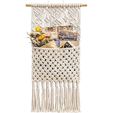 Mkouo Makramee Zeitschrift Storage Organizer Posthalter Wall Mount Baumwolle Wovening Hanging Pocket,Boho Home Decor, Ivory,33cm (W) × 63cm (L) Cover
