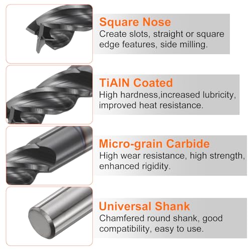 Image of HARFINGTON Carbide Square Nose End Mill Bit 7 /32 inch Cut Dia 4 Flutes TiAlN Coated Milling Cutter for Hardened Steel Metal (7 /32 inch Shank 7 /16 inch Cut Length 2 inch Long 30 Degree Helix)