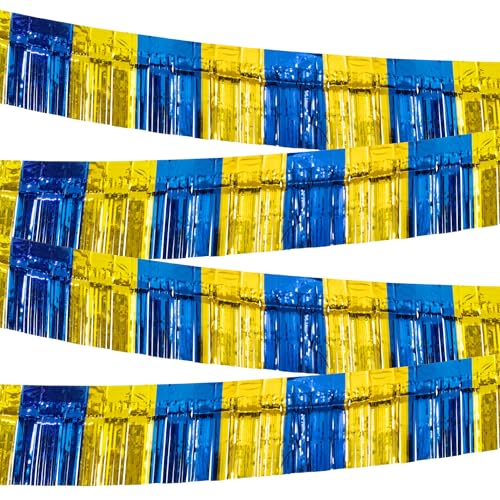 Image of 4 Pack 10 Feet Graduation Parade Floats Foil, Royal Blue Gold Fringe Garland Tinsel Streamers Banner Fringe Curtain Banner for Graduation Homecoming Birthday Party Decorations (Royal Blue, Gold)