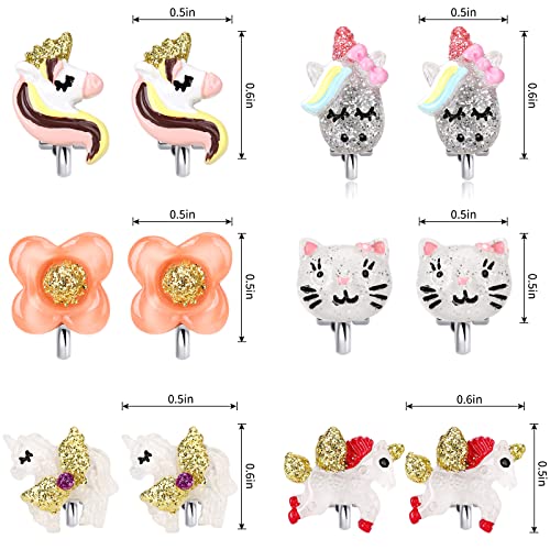 Unicorn Clip On Earrings for Little Girls, Bling Flower and Cat Earrings, Toddler Girls Dress Up Jewelry, 6 Pairs, Best Gift-B2