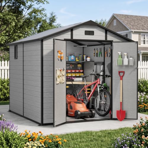 Image of 8X8FT Plastic Shed with Floor, Storage Shed with Ddrain Groove for Backyard