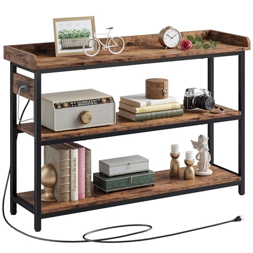 IRONCK Console Table, Sofa Table with Power Outlet, Farmhouse Hallway Table for Entryway, Living Room, Height Adjustable, Easy Assembly, Rustic Brown, 43"