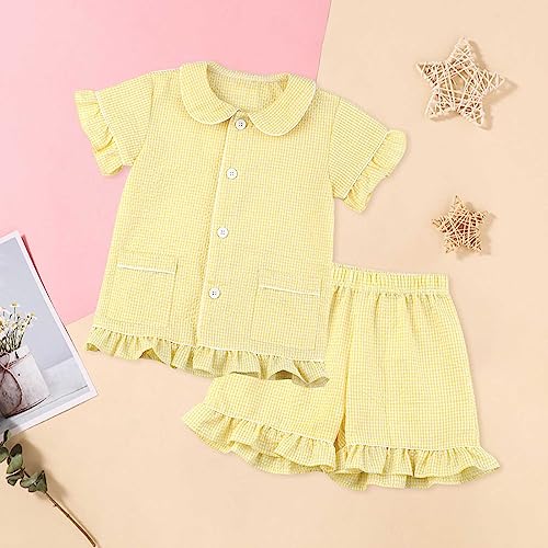 Toddler Girls Summer Ruffle 𝗣a𝗷amas 𝗟oungewear Short Sleeve Lapel Neck Ruffle Edge Striped Clothes with Pockets2