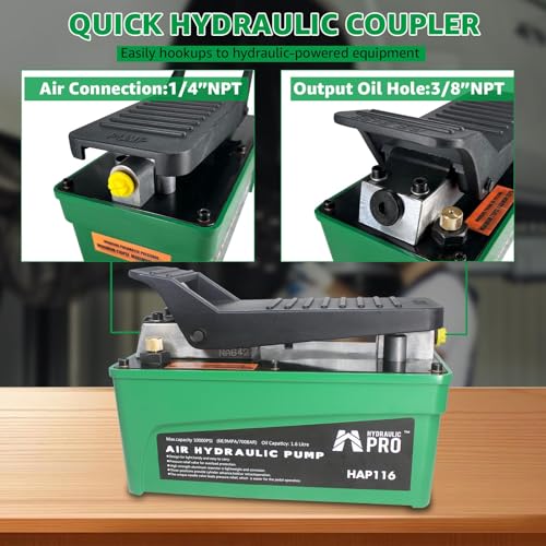 Image of 10,000 PSI Air Hydraulic Pump, 1.6L Reservoir, NPT 3 /8 inch Oil Outlet, NPT 1 /4 inch Inlet, Foot Pedal Operated, for Auto Body Frame Machines, Hydraulic Press, and Hole Punch, Green