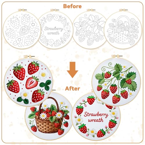 Image of BEUNITONE 4 Set Strawberry Embroidery Kit for Adult Beginners 7.9 inchx7.9 inch DIY Stamped Needlepoint Kits with Pre-Printed Designs, Complete Handmade Embroidery Craft for Relaxing Hobby and Home Decor