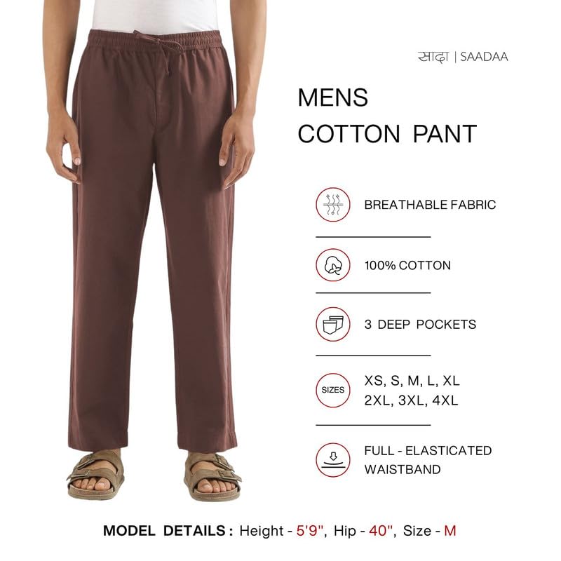 Image of SAADAA Men's 100% Cotton Pants | Mid-Rise Straight Fit Casual Trousers with Elastic Waistband and 3 Pockets | Everyday Wear