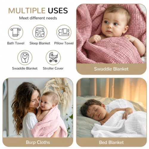 Image of Momsnug 3-Pack Muslin Hooded Baby Towels, Pink + White + Rose, 35 inch X 35 inch