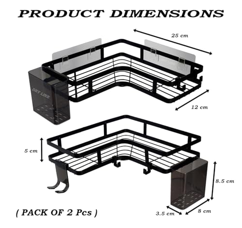 Image of DRY LINE Self Adhesive Corner Shelf for Bathroom Multipurpose wall Shelves for Kitchen /Home (Set of 2) with Magic Sticker No Drilling Rack Black Basic Organizer with Attachments