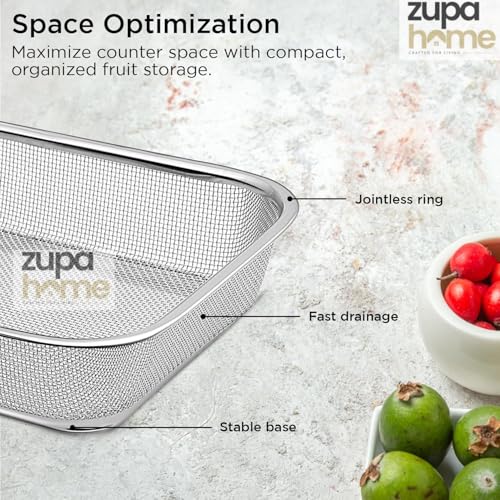 Image of Zupa Rust-Proof Stainless Steel Rectangular Strainer & Storage Basket | Multipurpose Fruit, Vegetable & Fridge Organizer (Silver) | 32 X 24 X 7 CM