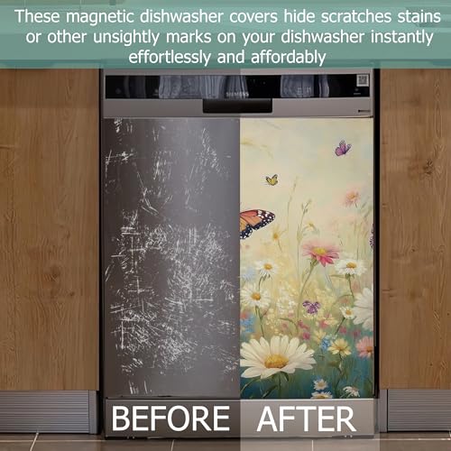 Image of Spring Wildflowers Dishwasher Magnets Decorative Cover,Pink Blue Butterfly Waterproof Magnetic Dishwasher Cover Panel,Refrigerator Magnet Cover for Kitchen Home Decor 23x26 Inch