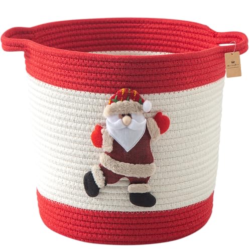 Image of Christmas Basket with Santa Claus Doll, Woven Cotton Rope Christmas Storage Basket with Handles, Christmas Toy Baskets for Towels, Diapers, Red