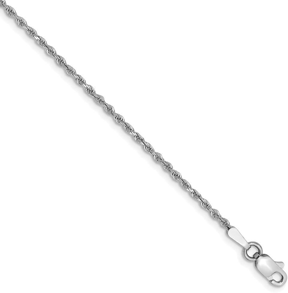 Solid 14k White Gold 1.5mm Diamond Cut Rope Anklet Bracelet - with Secure Lobster Lock Clasp