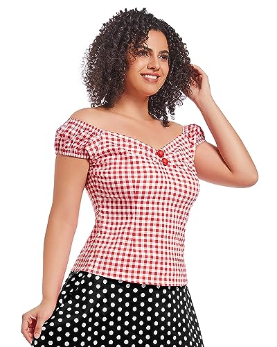 Image of YARN & INK Women's Rockabilly Tops 1950s Pinup Shirt Casual Off Shoulder Vintage Blouse
