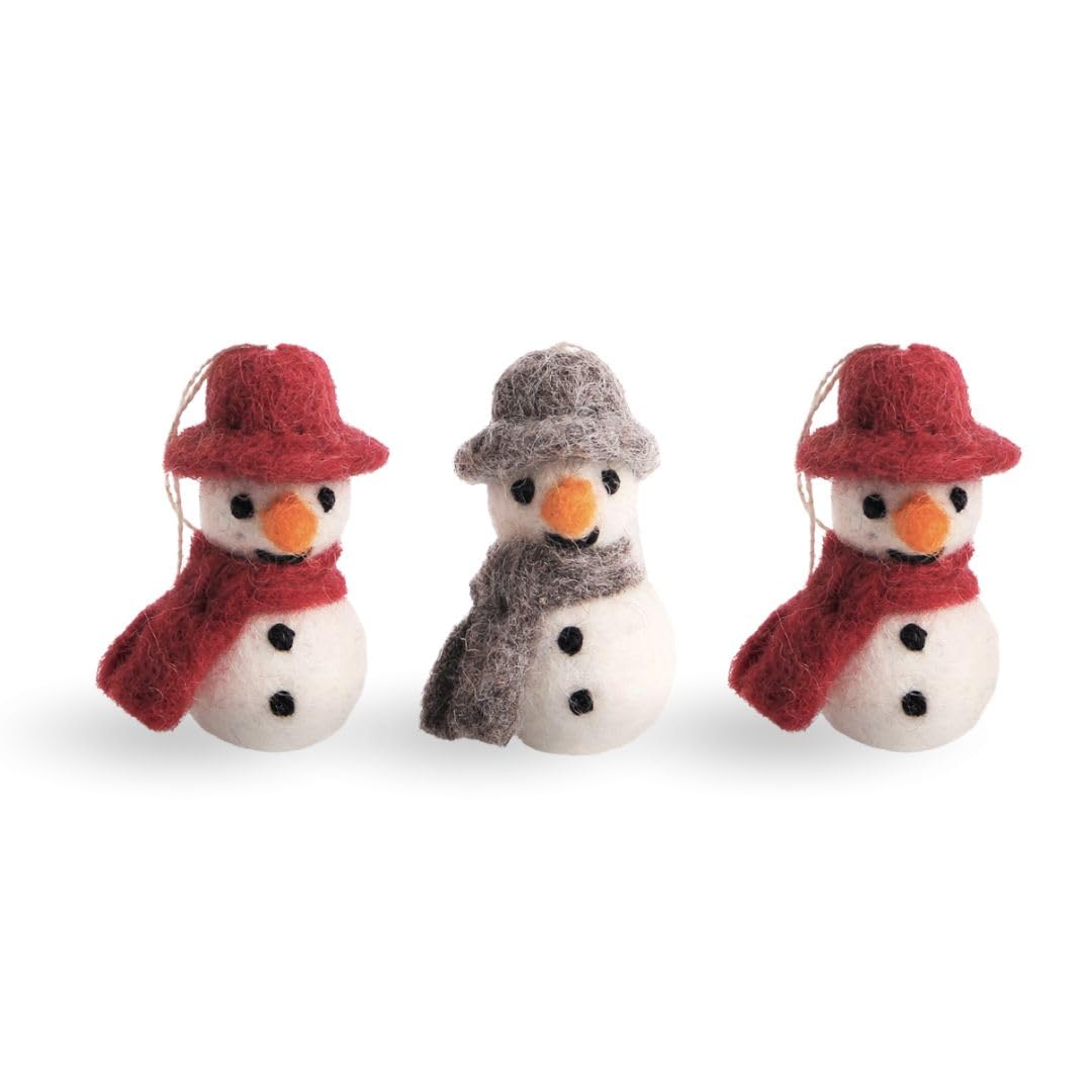 Én Gry & Sif Women's Grey, Red, White Felt Snowman Pendants, Christmas Decoration For Hanging Or Standing, Handmade, Fair Trade, Pack Of 3 In Christmas Red, White, Grey