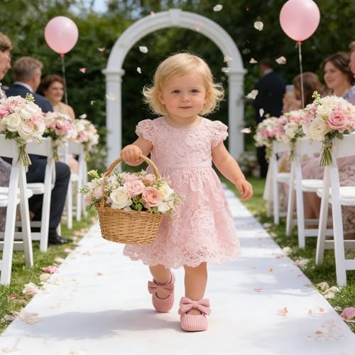 Image of Baby Girls Mary Jane Flats with Bowknot Flowers Princess Wedding Dress Ballet Shoes Non-Slip Toddler First Walkers Newborn Crib Shoes