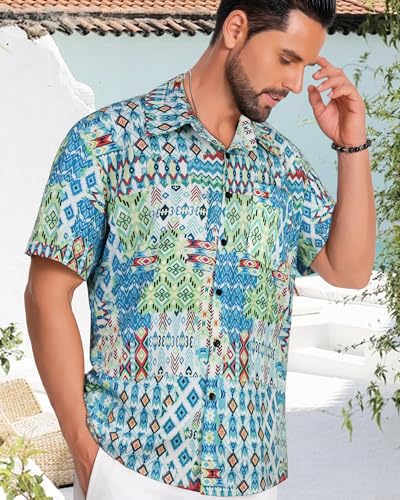 Image of Men Hawaiian Shirt Short Sleeve Summer Beach Button Down Shirts with Pocket