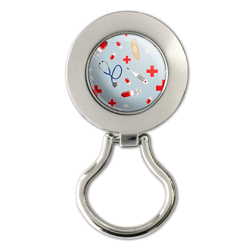 Nurse Doctor Pattern Healthcare Stethoscope Thermometer Magnetic Metal Eyeglass ID Badge Holder