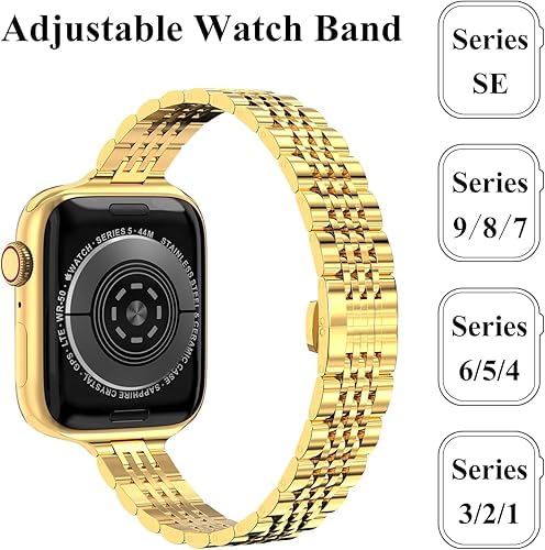 Image of Slim Metal Band Compatible with Apple Watch Straps 49mm 46mm 45mm 44mm 42mm, Stainless Steel Chain Strap for Women iWatch Strap Series 10 9 8 7 6 5 4 SE Ultra 2 1 [WATCH NOT INCLUDED]